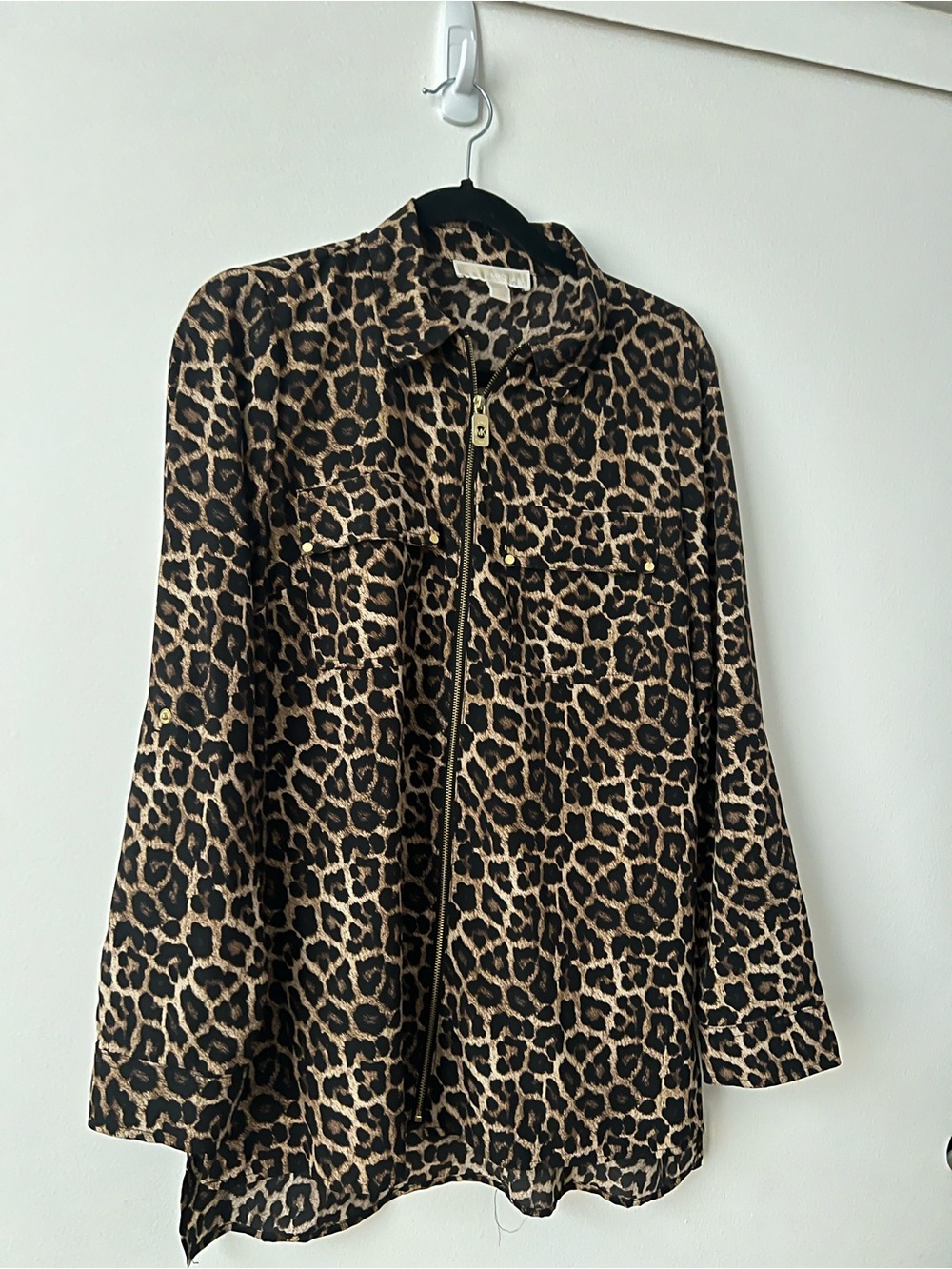 Michael Kors Leopard Print Button-Front Shirt Jacket - Black, Brown, Tan - Picture 3 of 5